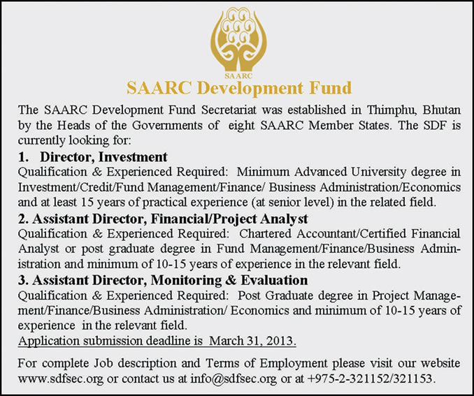 Executive Jobs at SAARC Development Fund Secretariat 2013