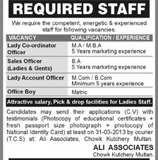 Coordinator/Sales/Accounts Officers Jobs in Multan 2013 at Ali Associates
