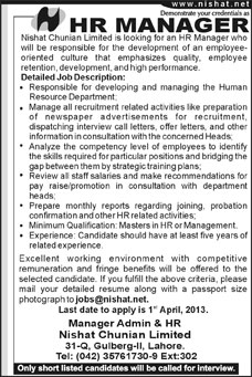 HR Manager Job in Lahore 2013 Latest at Nishat Chunian Limited