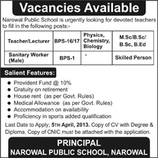 Narowal Public School Jobs 2013 Teacher / Lecturer & Sanitary Worker