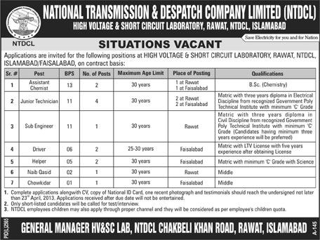 High Voltage & Short Circuit Laboratory Rawat Jobs 2013 April (HV & SC) NTDC