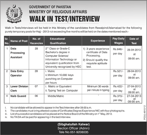 Ministry of Religious Affairs Jobs 2013 April Islamabad Latest Advertisement for Walk in Test / Interview