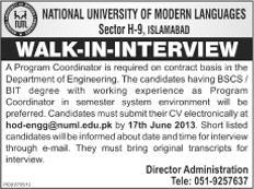 NUML University Islamabad Jobs 2013 for Program Coordinator in Department of Engineering