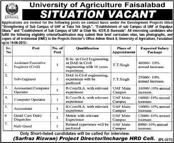 Agriculture University Faisalabad Jobs 2013 June Civil Engineer, Accountant, Computer Operator & Naib / Qasid