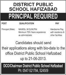 District Public School Hafizabad Job 2013 for Principal