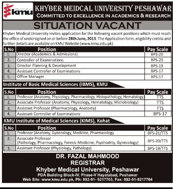Khyber Medical University Peshawar Jobs 2013 June Teaching Faculty & Administrative Staff