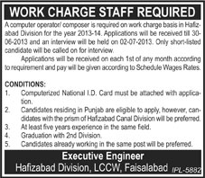 Computer Operator Jobs in Hafizabad Division Lower Chenab Canal (LCC) West LCCW Faisalabad 2013 June