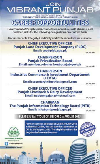 Executive Jobs in Punjab Government Autonomous Bodies 2013 CEO / Chairman / Chairperson for PLDC / PPB / TEVTA / PLDD / PITB