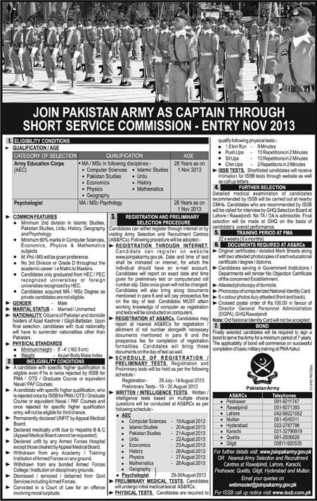 Join Pakistan Army as Captain in Education Core / Corps & Psychologist through Short Service Commission Entry November 2013