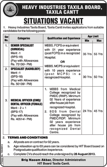 Heavy Industries Taxila Board Jobs 2013 August Surgeon, Radiologist, Medical Officer & Dentist