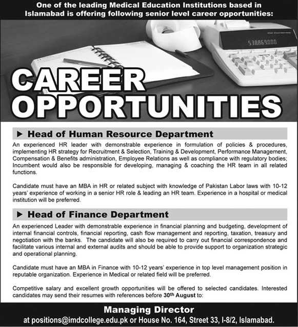Head of HR & Finance Department Jobs in Pakistan 2013 August at Islamabad Medical & Dental College