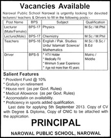 Narowal Public School Jobs 2013 August Teachers, Lecturers & Drivers Latest Advertisement