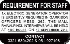 Garrison Officers Mess Rawalpindi Jobs 2013 September Electric Generator Operator Walk in Interview