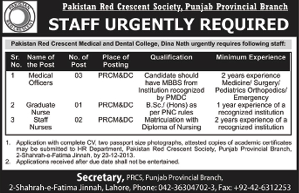 Medical Officers & Nurse Jobs in Lahore 2013 December at Pakistan Red Crescent Medical & Dental College