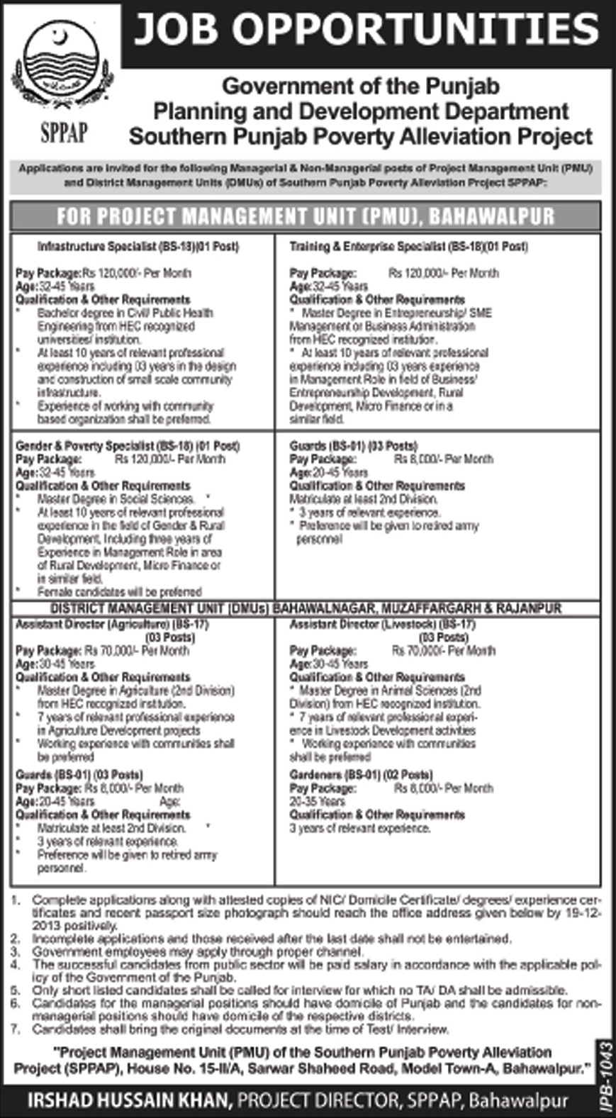 Southern Punjab Poverty Alleviation Project Jobs 2013 December (SPPAP) Planning & Development Department Punjab