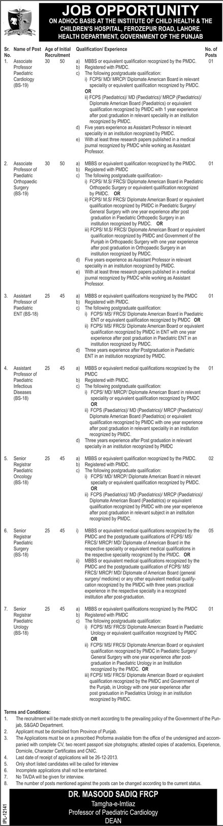 Children Hospital Lahore Jobs 2013 December for Associate Professors / Assistant Professors & Senior Registrar