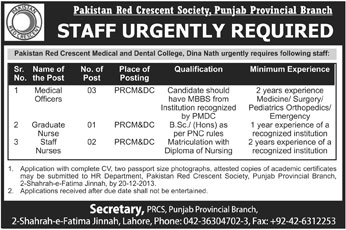 PRCS Punjab Jobs 2013 December for Medical Officers & Nurses