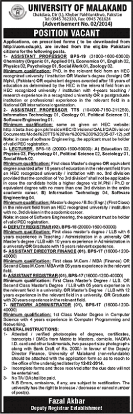 University of Malakand Lower Dir KPK Jobs 2014 for Teaching Faculty & Administrative Staff