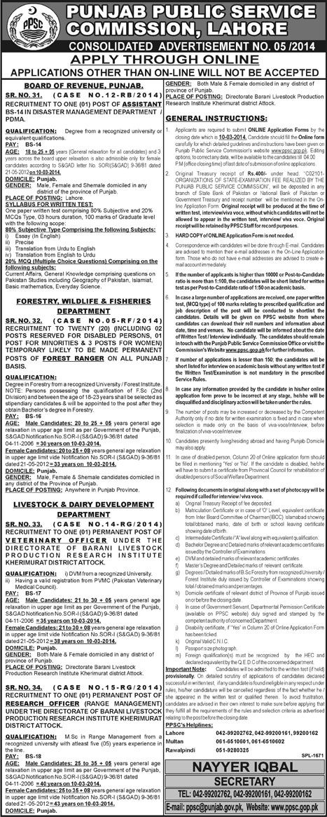 PPSC Jobs February 2014 Ad No. 05/2014