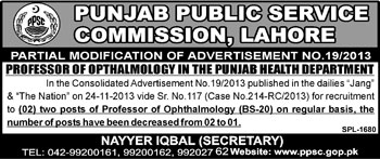 Partial Modification: PPSC Jobs Advertisement No 19/2013