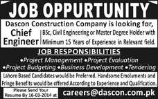 Civil Engineering Jobs in Lahore 2014 March Chief Engineer at Dascon Construction Company (DCC)