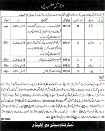 District and Session Court Rawalpindi Jobs 2014 March for Stenographer, Junior Clerk, Naib Qasid, Mali & Chowkidar