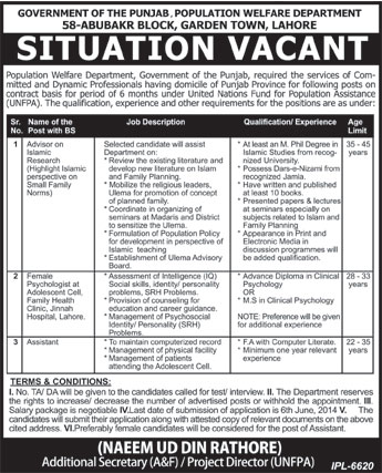Population Welfare Department Punjab Jobs 2014 May for Psychologist, Assistant & Advisor Islamic Research