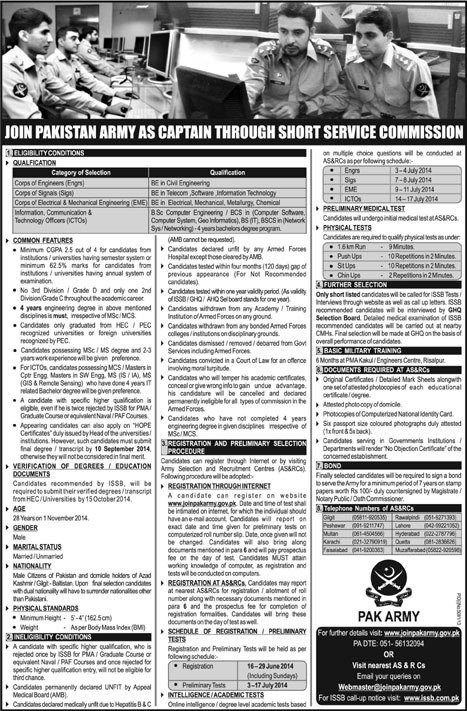 Join Pakistan Army 2014 June as Captain through SSC