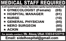 Hospital Manager, Nurses & Medical Officer Jobs in Kandahar Afghanistan 2014 June at Sidal Hospital