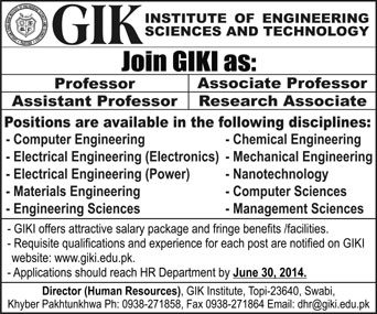 GIKI Jobs 2014 June for Teaching Faculty