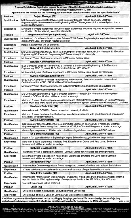 PO Box 405 GPO Lahore Jobs 2014 June for Data Entry Operators