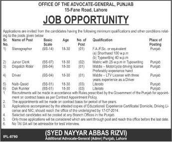 Advocate General Punjab Jobs 2014 July for Stenographer, Junior Clerk, Naib Qasid & Other Staff