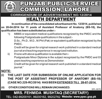 Corrigendum: PPSC Jobs 2014 Consolidated Advertisement No 12/2014