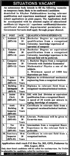 PO Box 303 GPO Peshawar Jobs 2014 August in an Autonomous Body