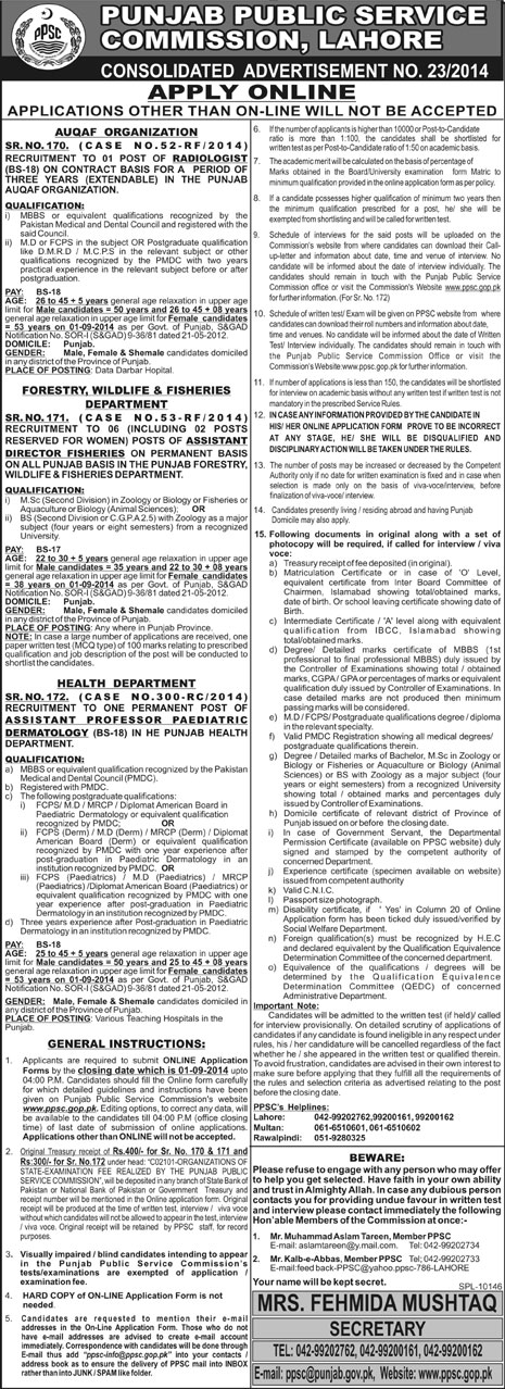 PPSC Jobs August 2014 Consolidated Advertisement No 23/2014
