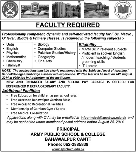 Army Public School and College Bahawalpur Cantt Jobs 2014 August for Teaching Faculty