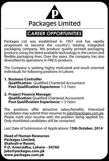 Packages Limited Lahore Jobs 2014 October Business Controller & Project Finance Manager