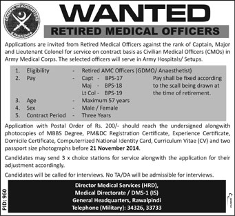 Army Medical Corps Jobs 2014 October for Retired Medical Officers as CMOs