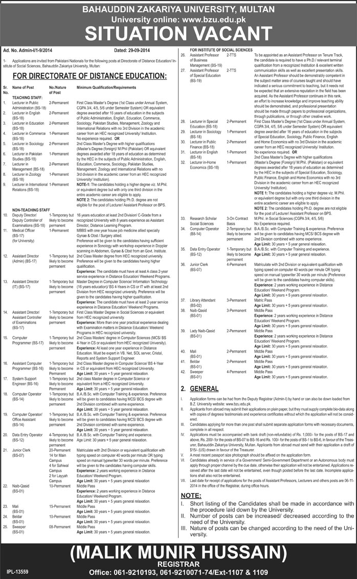 BZU Multan Jobs October 2014 Latest Bahauddin Zakariya University