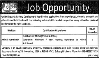 Animal Nutritionist Jobs in Lahore 2014 October Punjab Livestock & Dairy Development Board