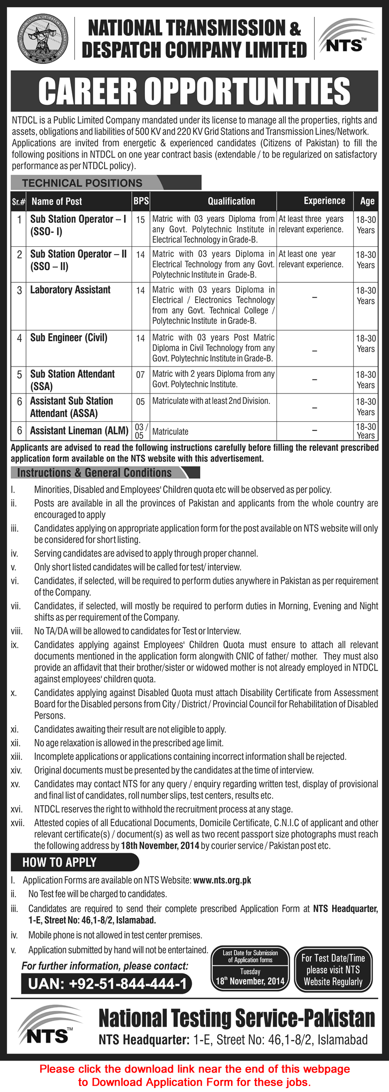 NTDC Jobs October 2014 Pakistan NTS Application Form Download