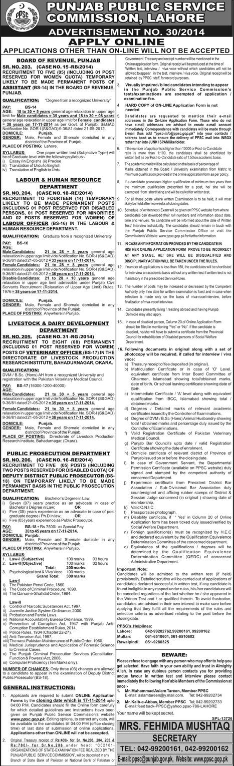 PPSC Jobs October 2014 Latest Advertisement No 30/2014 Apply Online