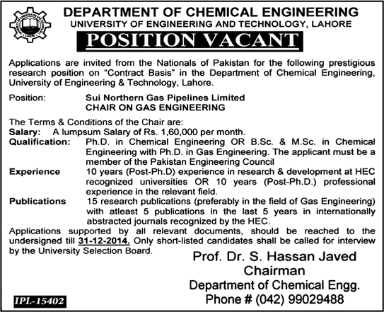University of Engineering and Technology Lahore Jobs 2014 December SNGPL Chair on Gas Engineering