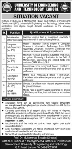 University of Engineering & Technology Lahore Jobs 2014 December UET Online Application Form