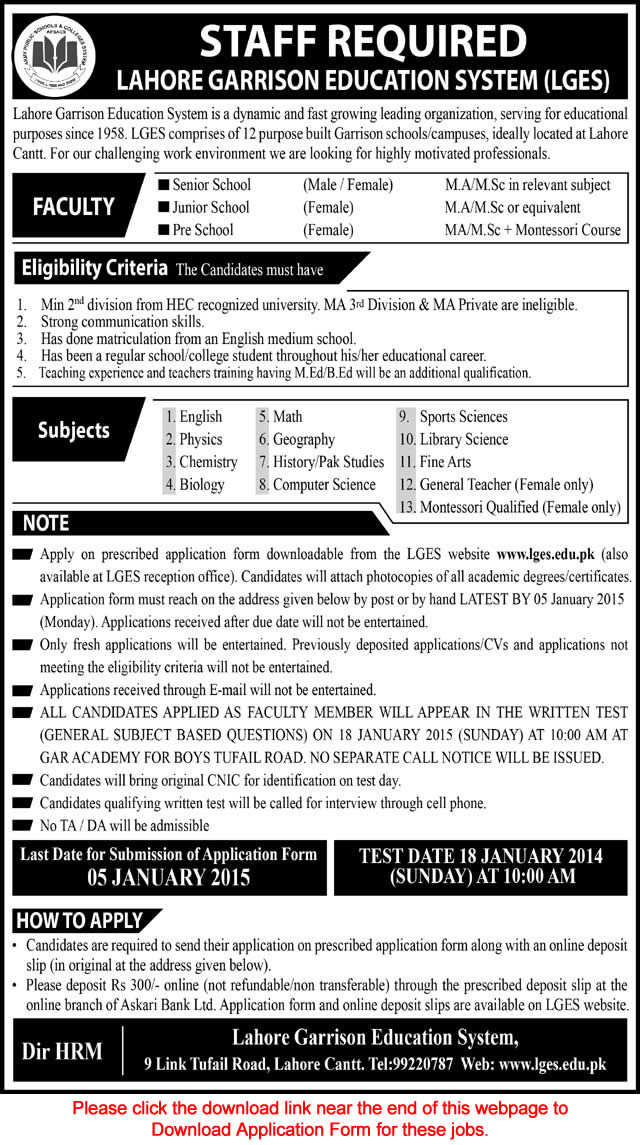 Lahore Garrison Education System Jobs 2014 December Teachers Application Form Download Latest
