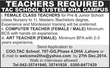 Teaching Jobs in TAC School System DHA Lahore 2014 December Walk in Interviews