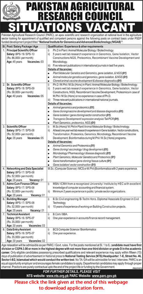 PARC Islamabad Jobs 2015 NTS Application Form Pakistan Agricultural Research Council