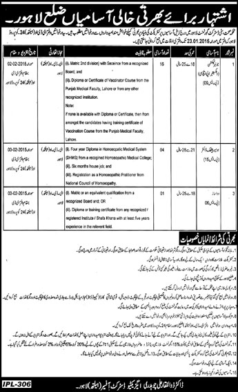 Health Department District Lahore Jobs 2015 Junior Technician Vaccinator, Homeopathic Doctor & Dawa Saaz