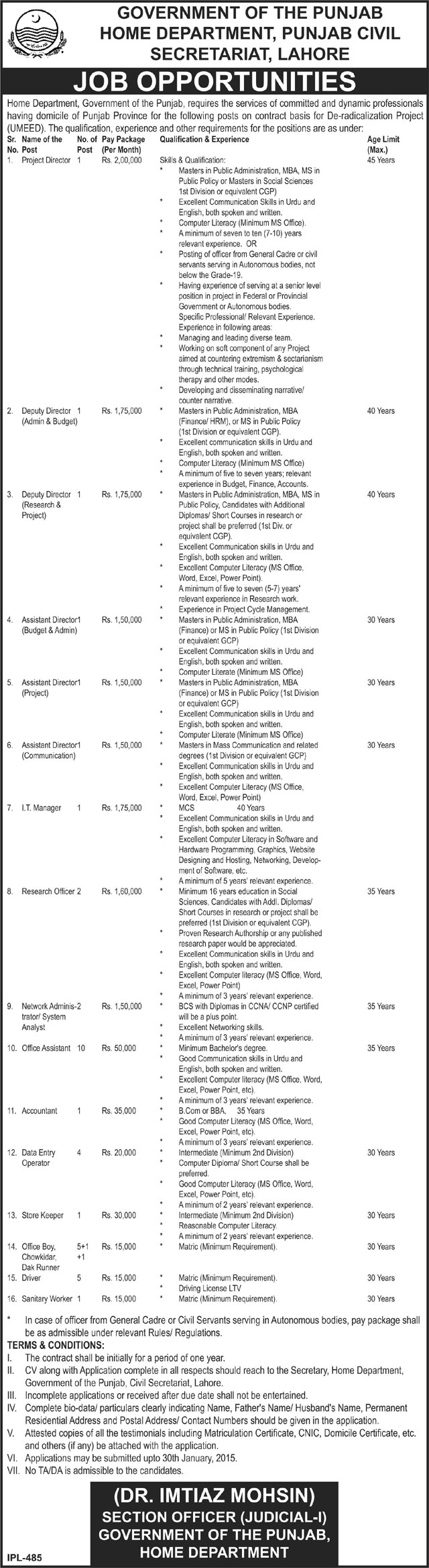 Home Department Punjab Jobs 2015 for De-Radicalization Project UMEED