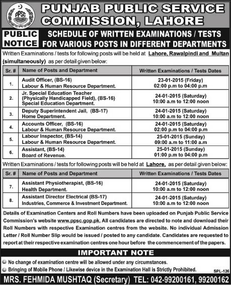 PPSC Test Schedule 2015 Punjab Public Service Commission Latest Advertisement